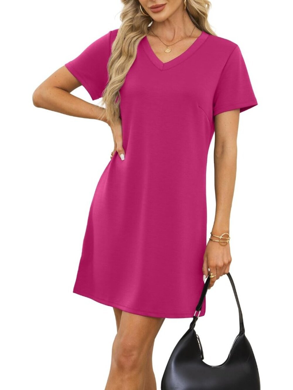 〽️Women's Fuchsia V Neck Casual Summer Sundress Imported Pull On T Shirt